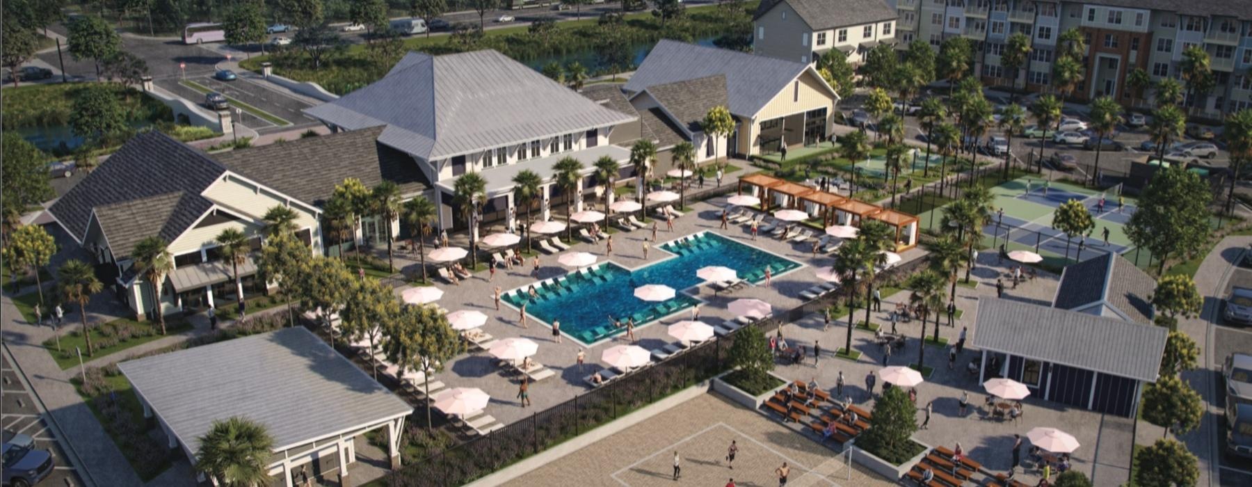 a large swimming pool with a clubhouse and