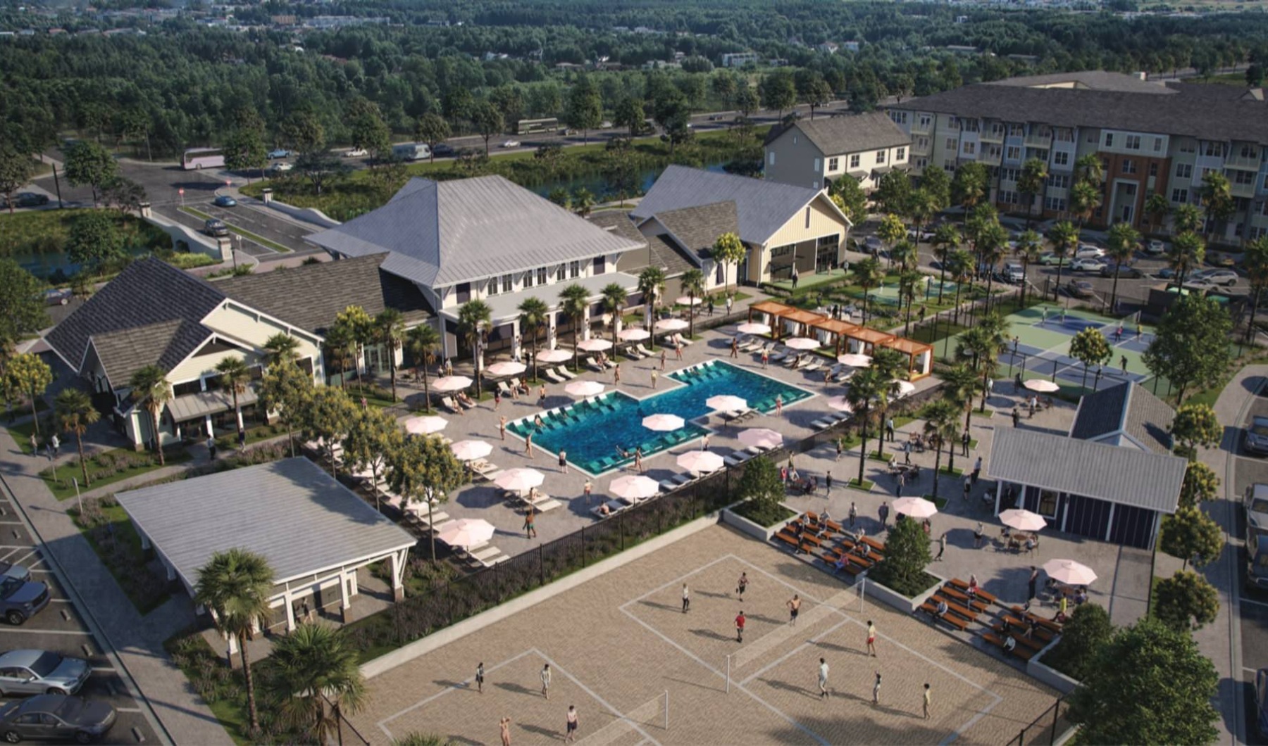 a large swimming pool with a clubhouse and